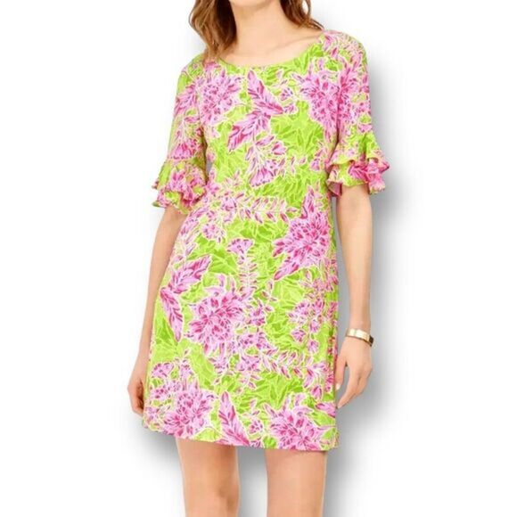 Pappagallo L Erica Shift Dress Pink Green Floral Ruffle Sleeves Tropical Vacay - Picture 1 of 8
